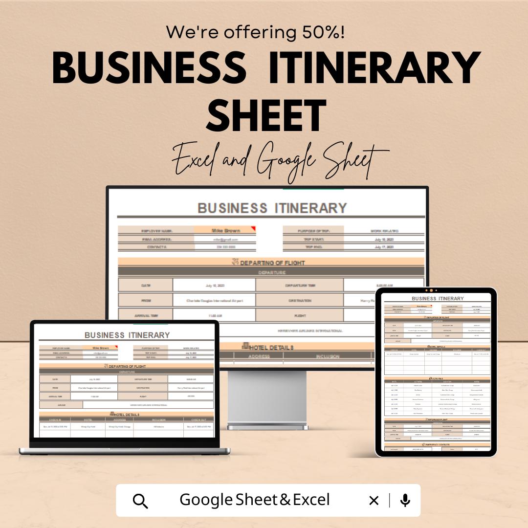 Business Itinerary Sheet | Google Sheets & Excel Template for Business Travel Planning | Professional Trip Schedule Template |