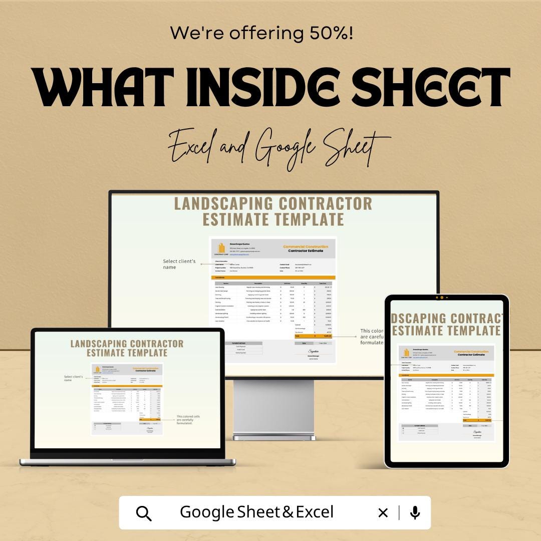 Landscaping Estimate Template | Landscaping Contractor Estimate Spreadsheet | Lawn Care Bid Proposal Template