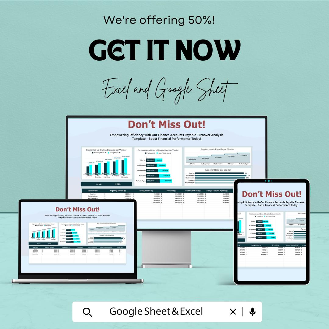 Finance Accounts Payable Turnover Analysis Template | AP Turnover Ratio Dashboard | Accounts Payable Analysis | Excel & Google Sheets