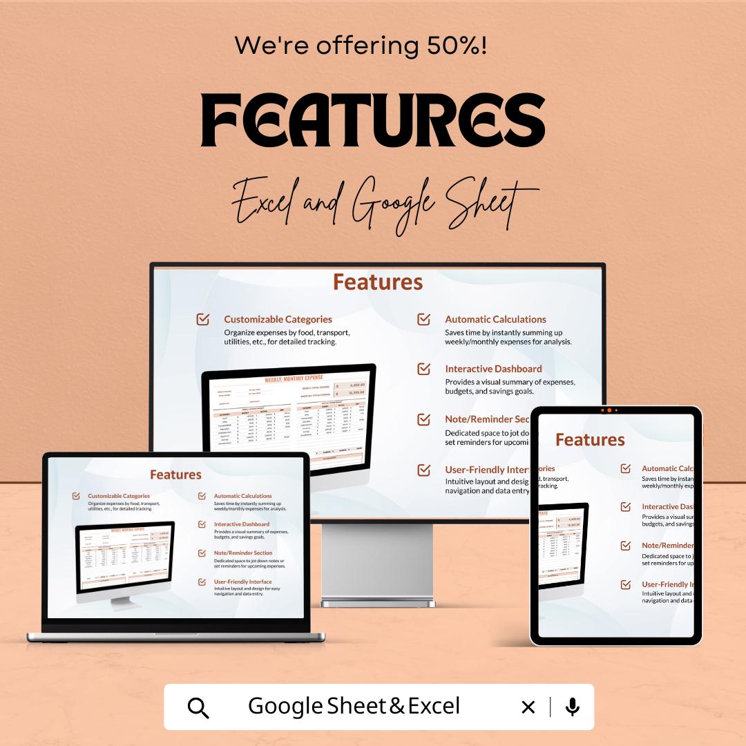 Weekly Monthly Expense Sheet | Budget Tracker for Excel & Google Sheets | Editable Digital Finance Planner | Instant Download