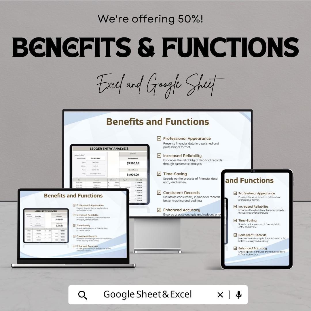 Ledger Entry Analysis Template | Accounting Tracker | Financial Record Log | Income Expense Ledger | Automated Balance Sheet