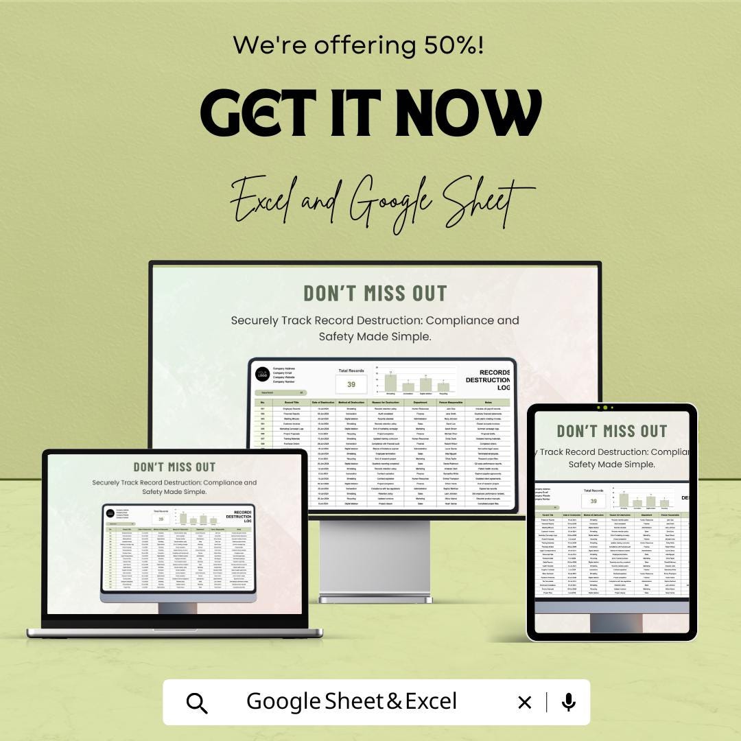Administration Records Destruction Log Template,  Document Disposal Tracker, Compliance Log, Record Destruction Spreadsheet