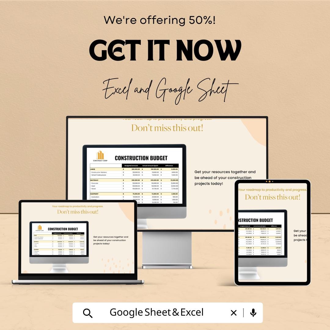 Construction Budget Spreadsheet, Project Cost Tracker, Builder Budget Template, Contractor Expense Sheet, Excel & Google Sheets Budget