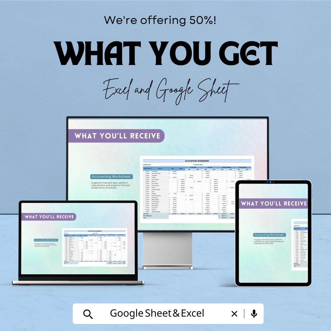 Accounting Worksheet Template | Excel and Google Sheets | Financial Statement Preparation | Trial Balance Template | Accounting Spreadsheet