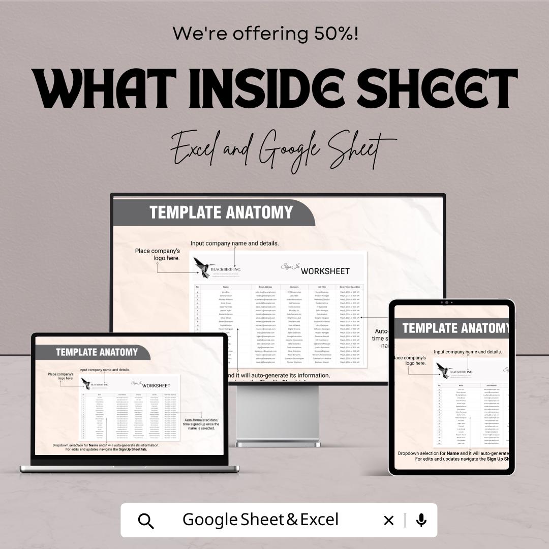 Sign In Worksheet Template | Employee Attendance Tracker | Event Sign In Sheet | Business Registration Form | Printable Log Sheet