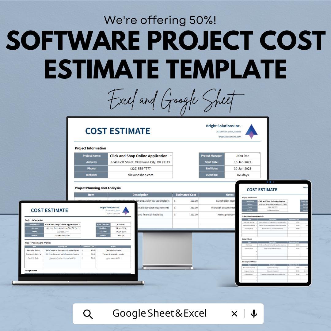 Software Project Cost Estimate Template Excel | Project Budget Planner Google Sheets | IT Cost Estimation Spreadsheet | Project Cost Tracker