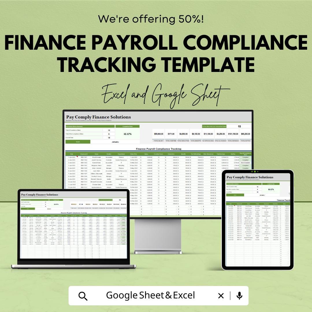 Finance Payroll Compliance Tracking Template | Payroll Audit Tracker | HR Compliance Spreadsheet | Employee Payroll Monitor