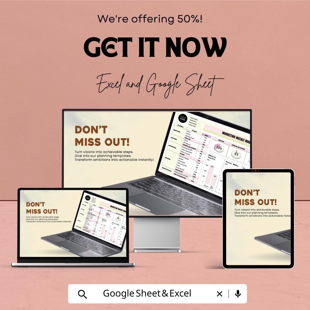Marketing Weekly KPI Dashboard | Google Sheet | Track Website Traffic, Social Media & Email Marketing Performance | ROI Tracker Template