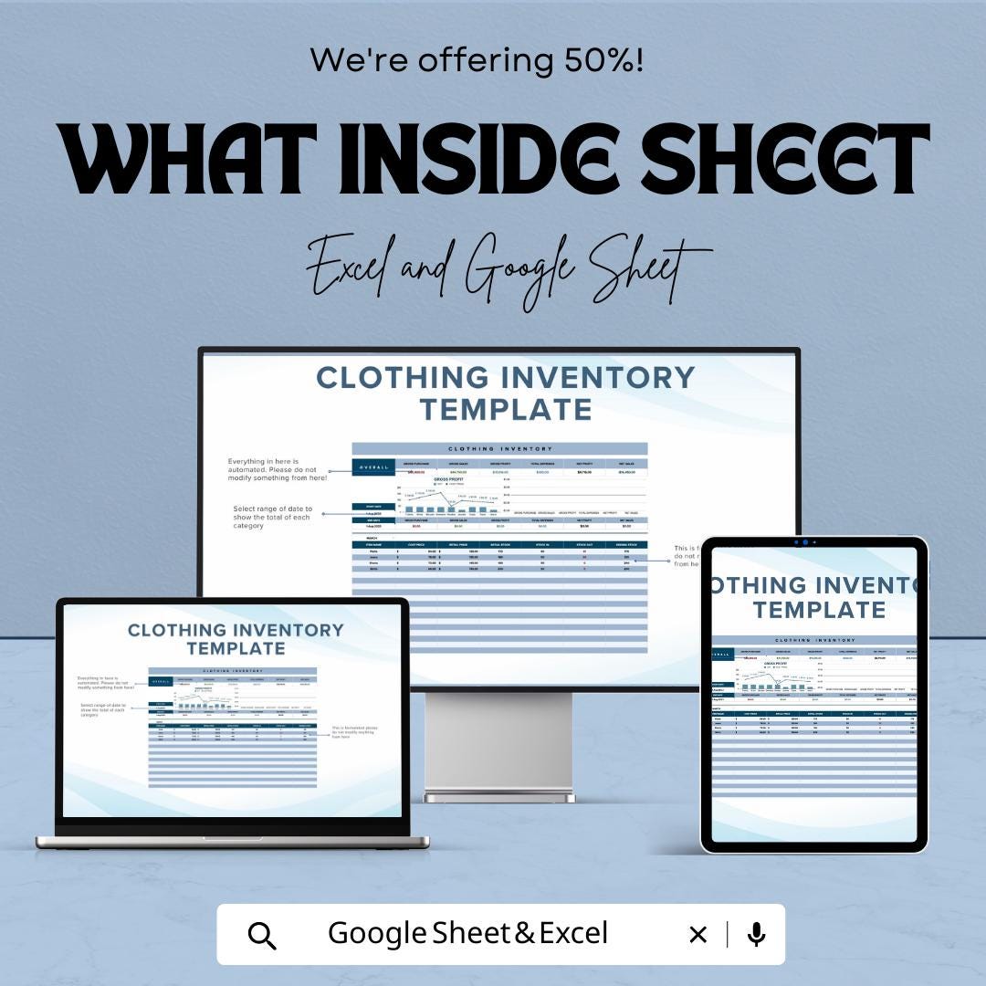 Clothing Inventory Template | Apparel Stock Tracker Spreadsheet | Boutique Inventory Management | Excel & Google Sheets