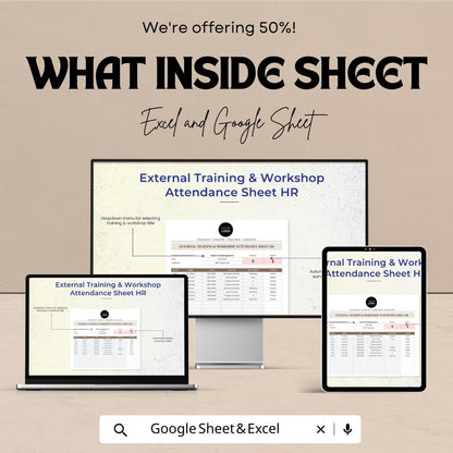 External Training & Workshop Attendance Sheet HR Template | Excel and Google Sheets | Employee Training Tracker