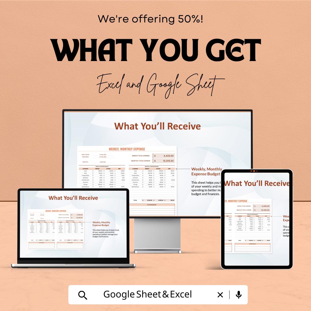 Weekly Monthly Expense Sheet | Budget Tracker for Excel & Google Sheets | Editable Digital Finance Planner | Instant Download