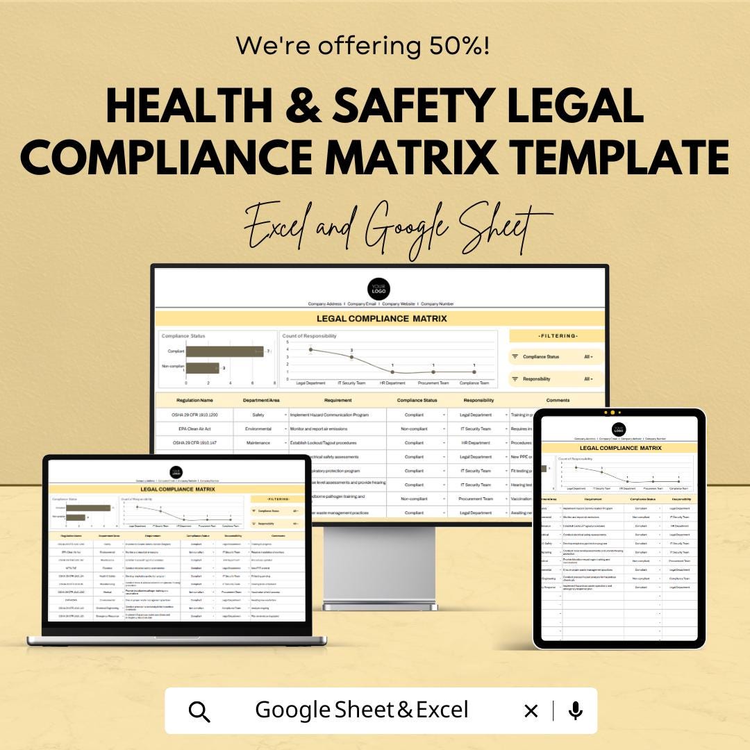 Health and Safety Legal Compliance Matrix Template | HSE Compliance Tracker | Legal Compliance Spreadsheet
