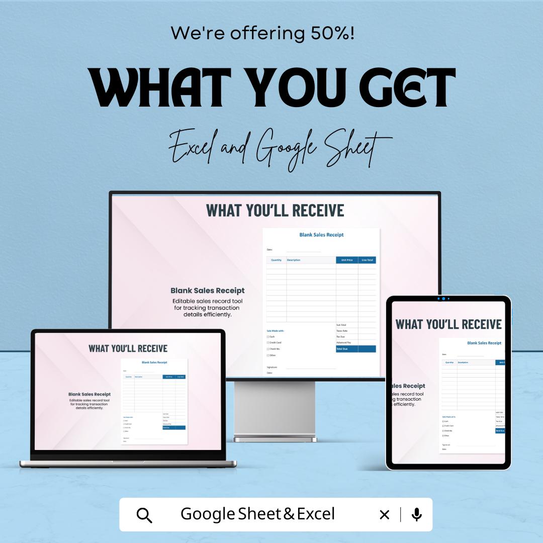 Simple Blank Sales Receipt Sheet - Excel & Google Sheets Template | Easily Track Sales and Payments | 50% Off