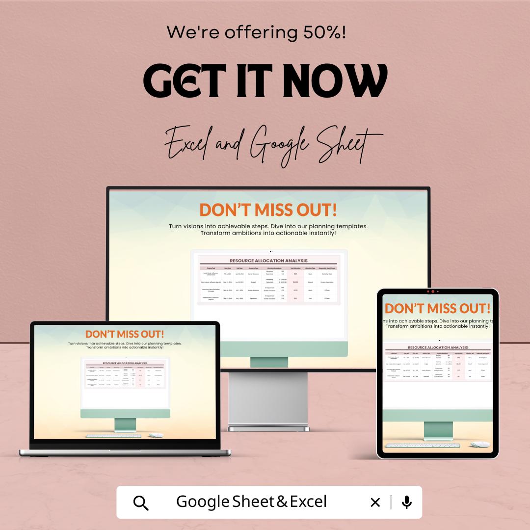 Resource Allocation Analysis Template | Project Resource Planner | Budget and Workforce Tracker | Excel & Google Sheets