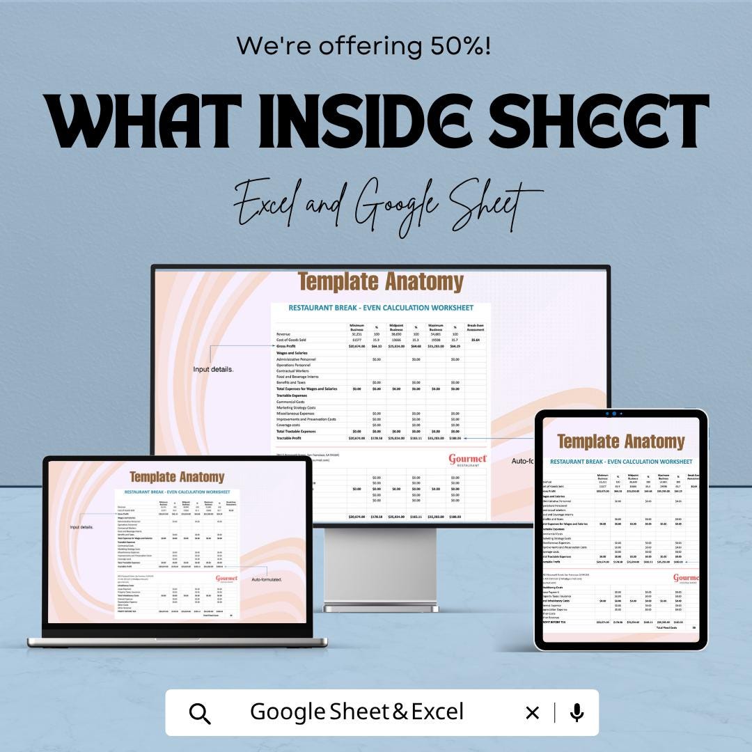 Restaurant Break Even Calculator | Food Business Financial Planner | Profit Analysis Spreadsheet | Cost & Revenue Tracker