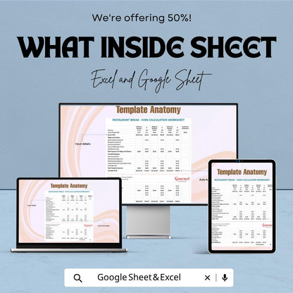 Restaurant Break Even Calculator | Food Business Financial Planner | Profit Analysis Spreadsheet | Cost & Revenue Tracker