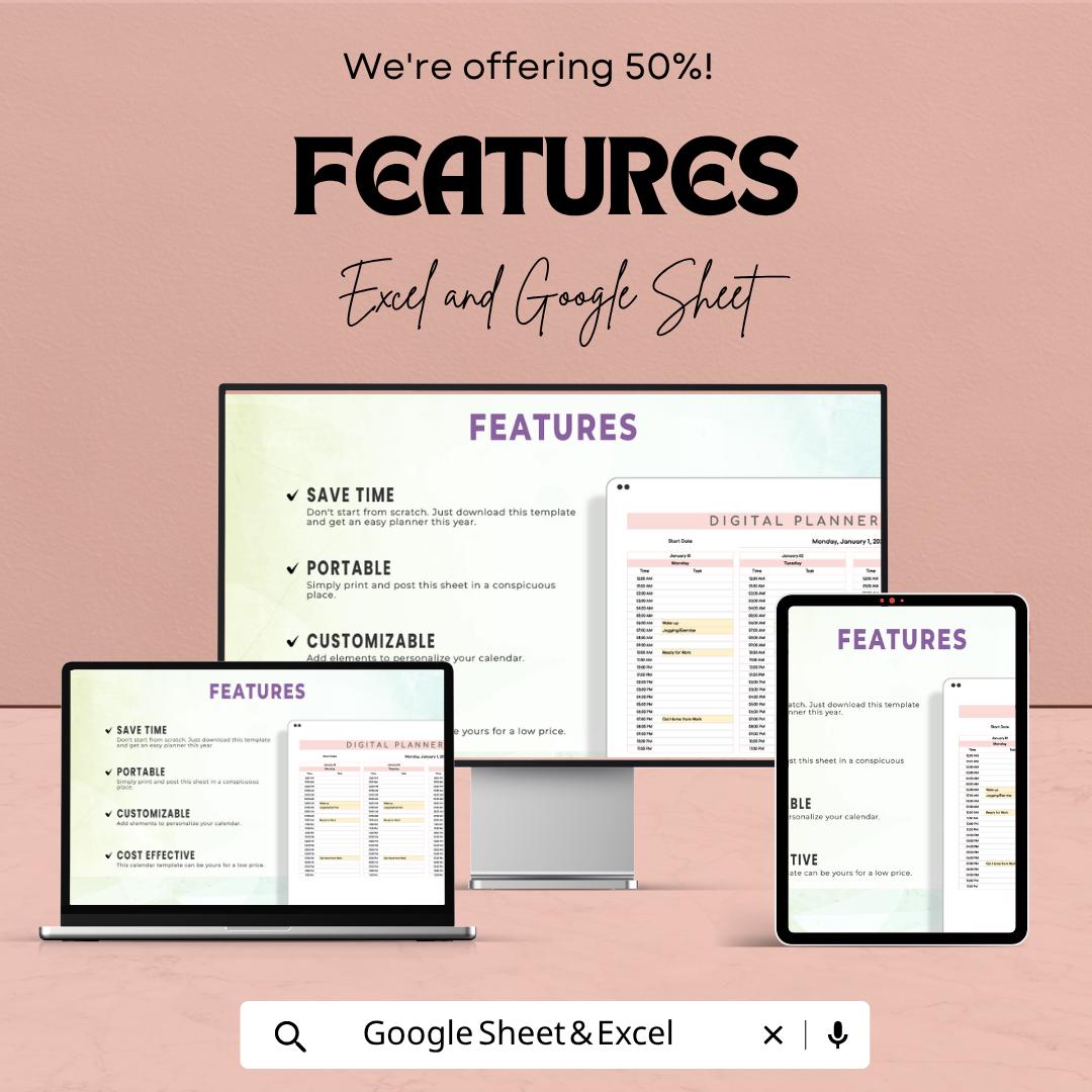 Digital Planner Template | Daily Planner Excel | Google Sheets Planner | Productivity Planner | Schedule Template | Editable Planner