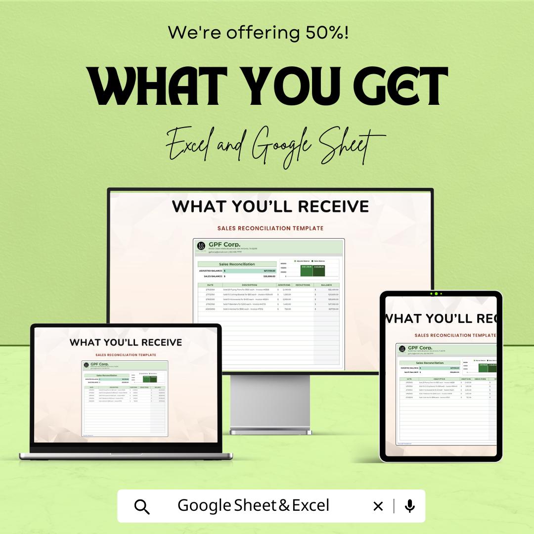 Sales Reconciliation Sheet Template for Excel and Google Sheets | Financial Management Spreadsheet | Track Sales, Additions & Deductions |