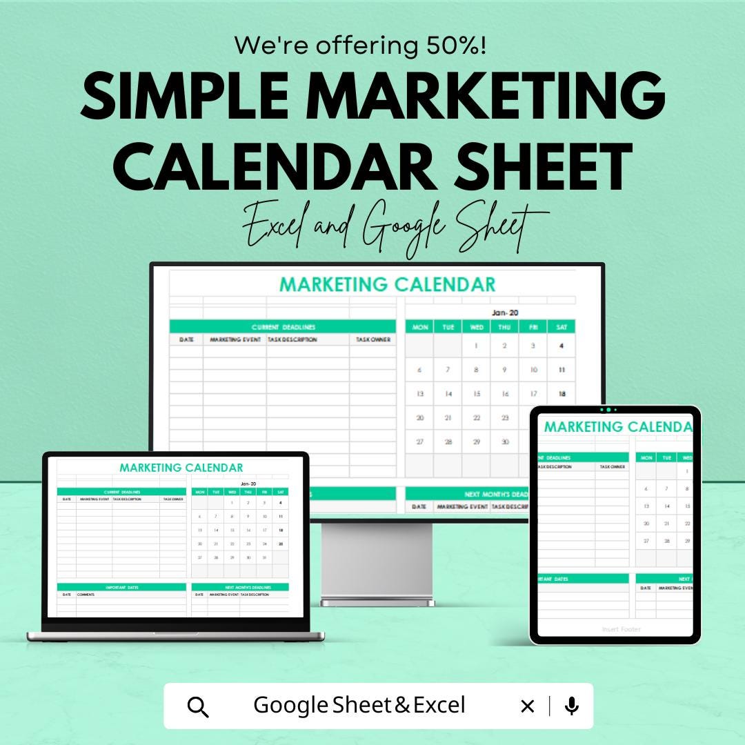 Simple Marketing Calendar Sheet | Google Sheets & Excel | Editable Content Planner | Monthly Marketing Schedule | Campaign Tracker
