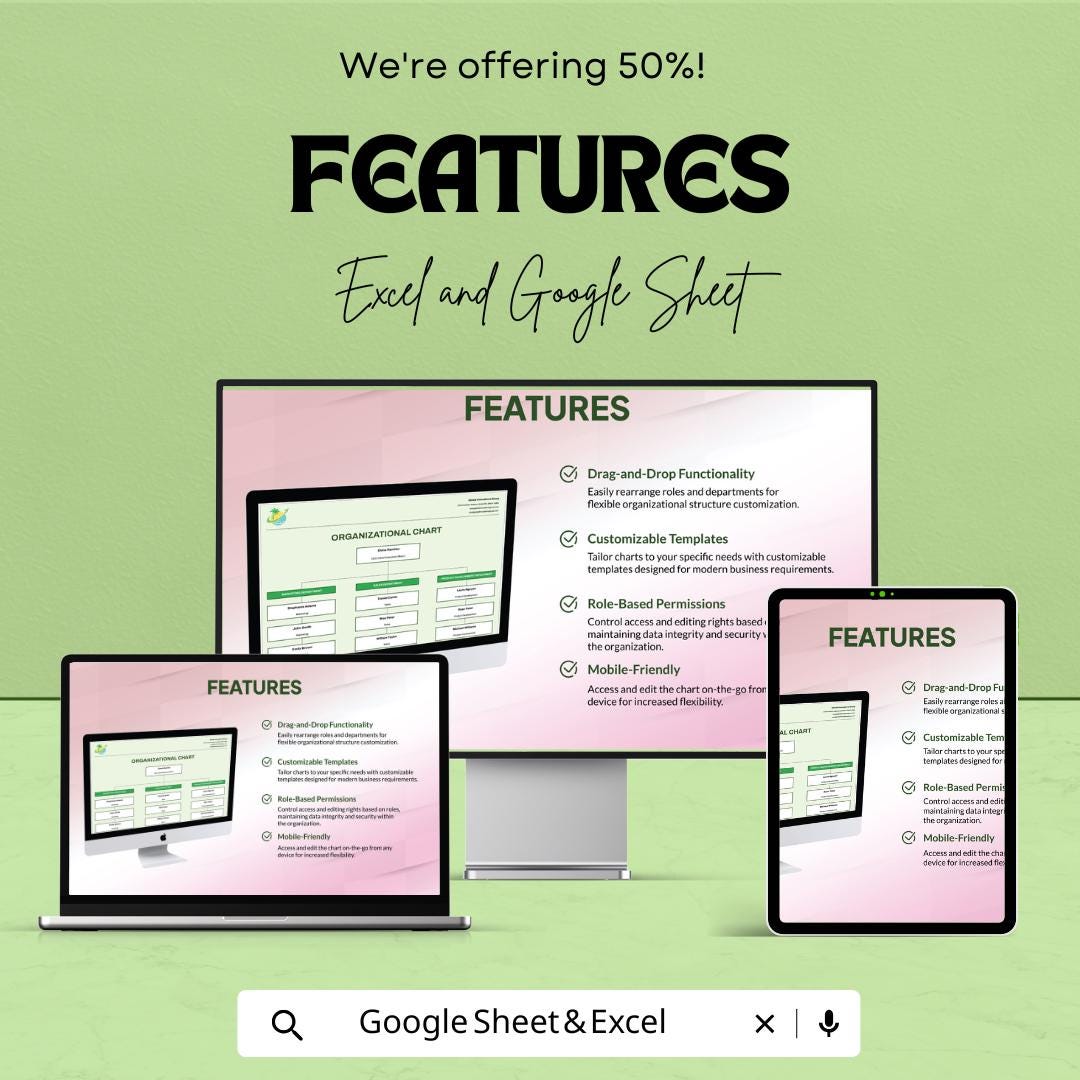 Modern Organizational Chart Template - Editable Excel & Google Sheets - Streamline Company Structure, Visualize Team Roles