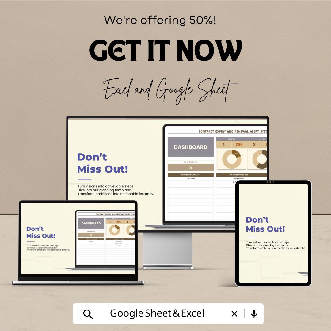 Contract Expiry and Renewal Alert System HR Template | Employee Contract Tracker | Excel and Google Sheets Dashboard