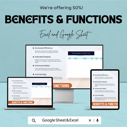 Equipment Operation Template, Equipment Maintenance Tracker, Asset Management Spreadsheet, Equipment Log, Excel & Google Sheets
