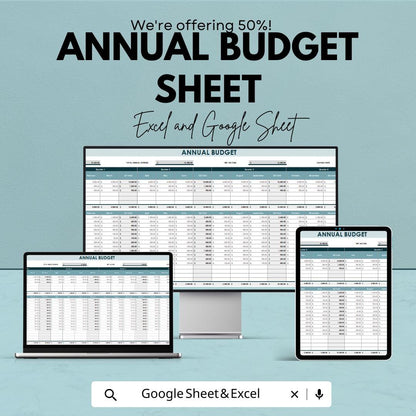 Annual Budget Sheet | Google Sheets & Excel Template | Yearly Financial Planner, Expense Tracker, Income Budget Spreadsheet