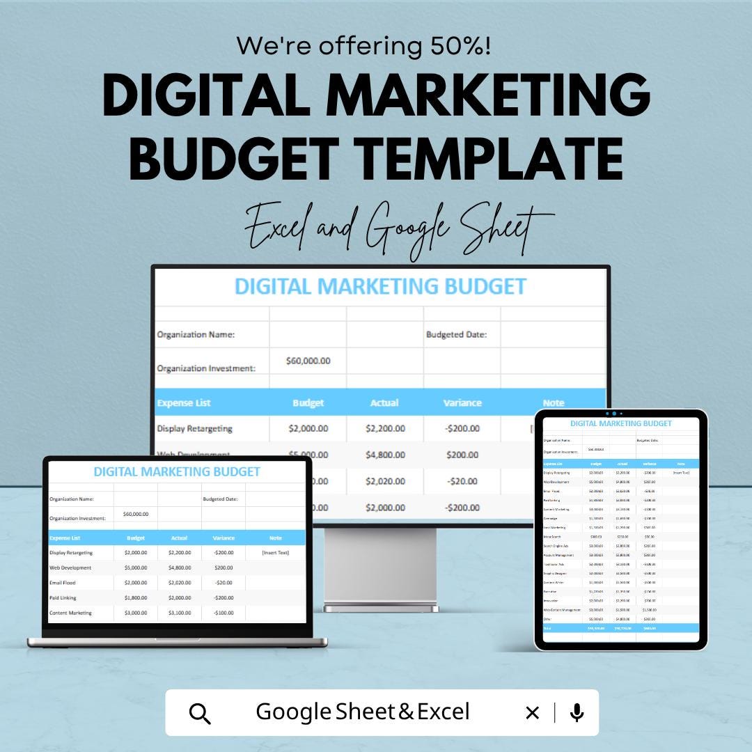 Digital Marketing Budget Template | Marketing Budget Spreadsheet | Small Business Budget Planner | Ad Spend Tracker | Expense Tracking Sheet