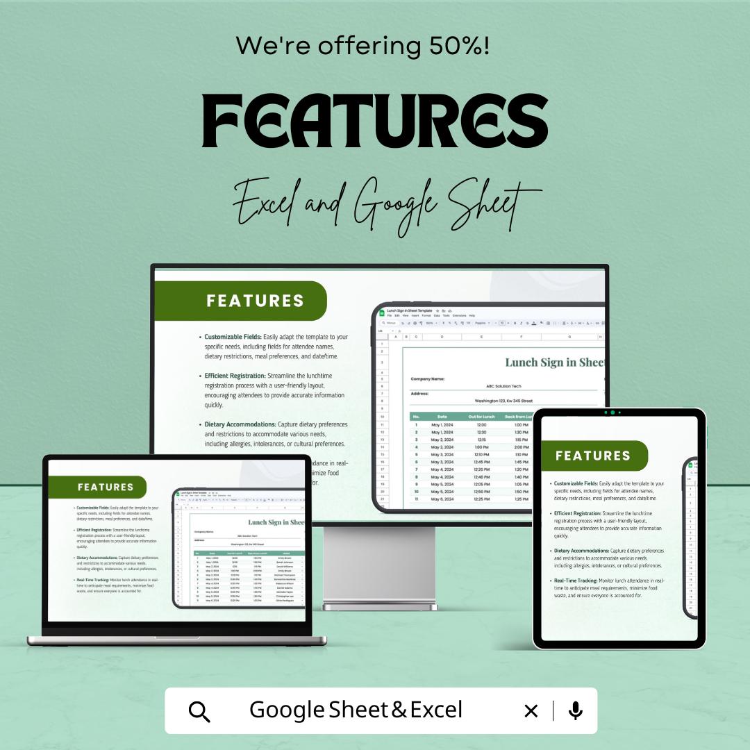 Lunch Sign-in Sheet - Excel & Google Sheet - Track Attendance with Ease - Employee Sign-in Template for Workplace, Office, and Events