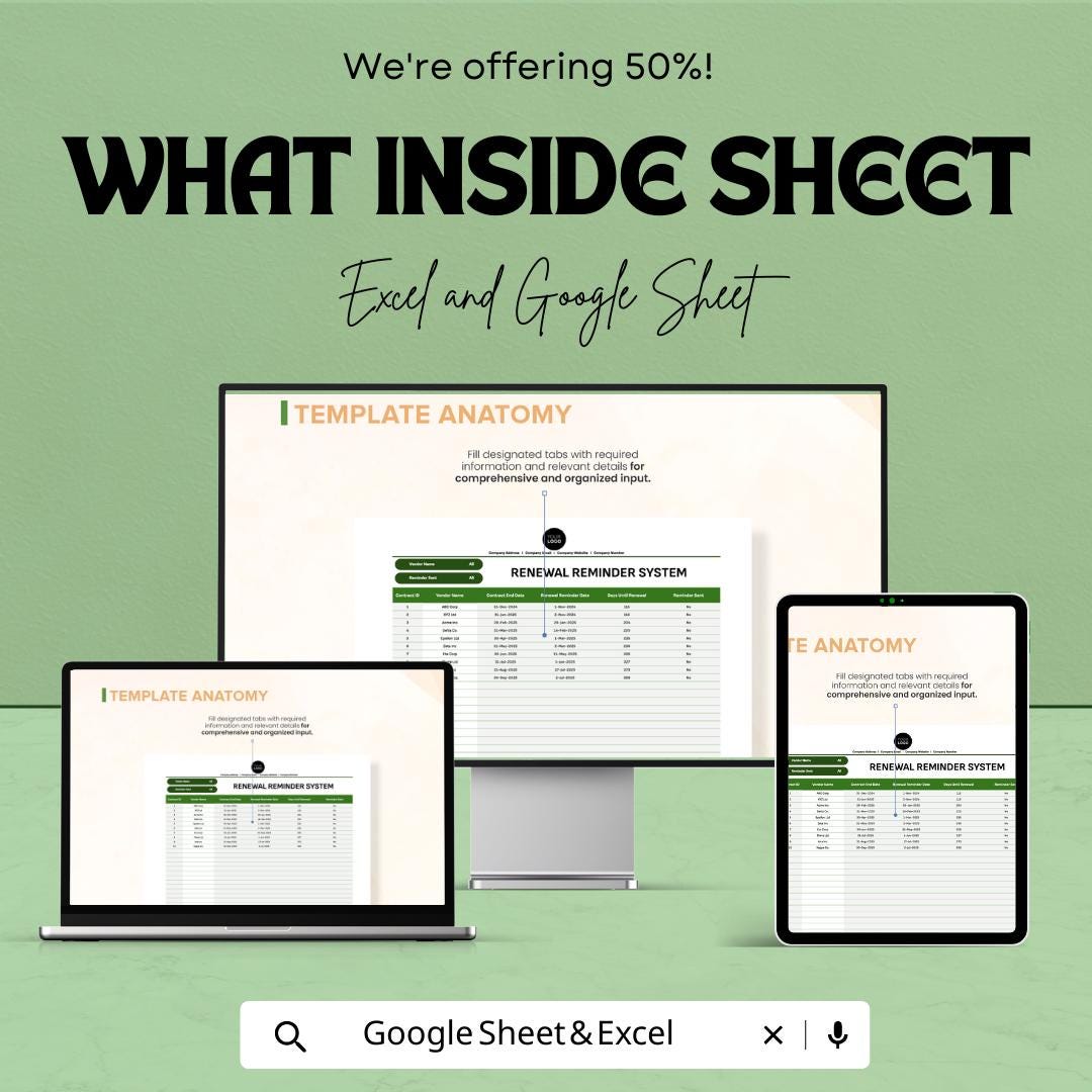 Legal Contract Renewal Tracker, Contract Reminder Template, Law Office Renewal System, Excel & Google Sheets Contract Management Tool