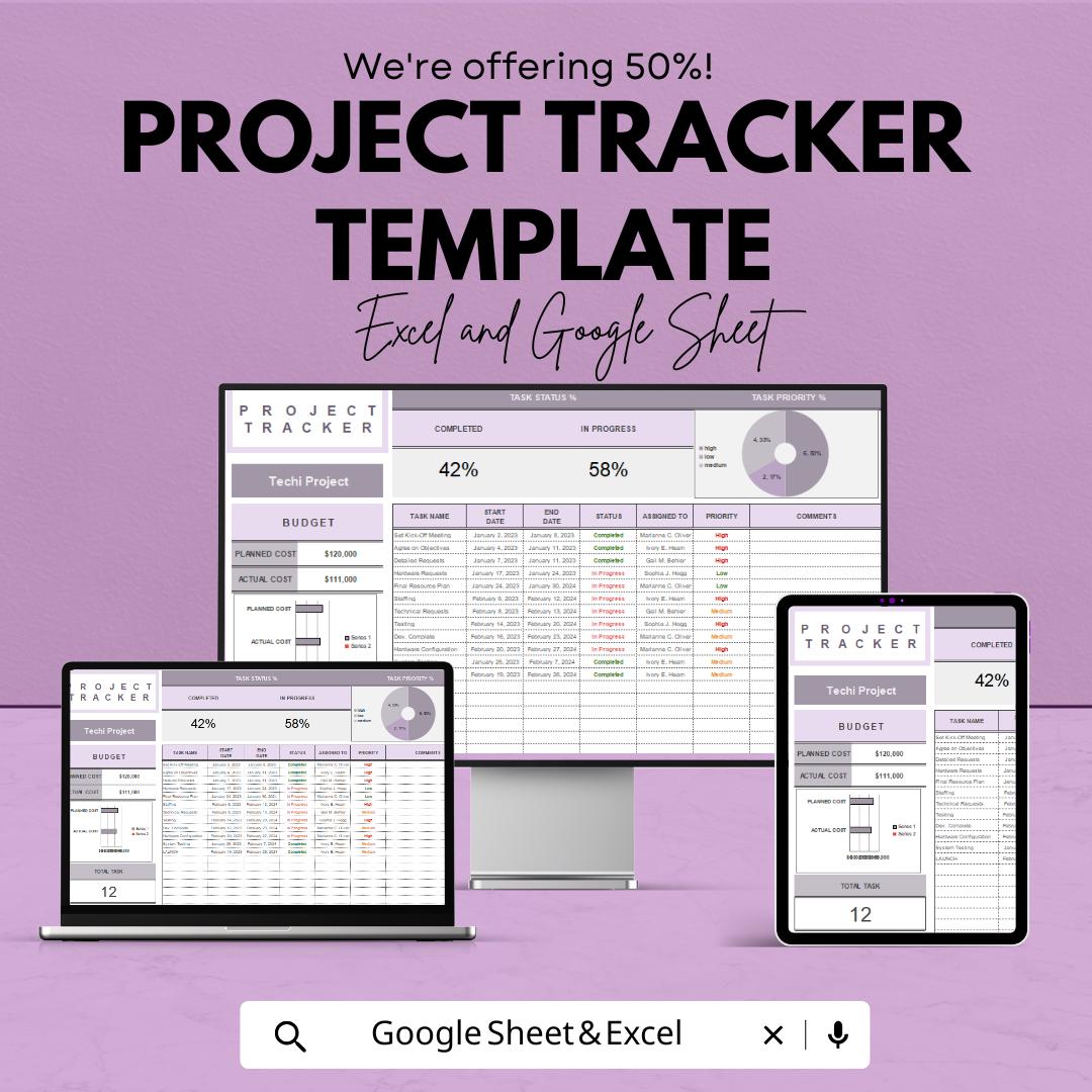 Project Tracker Template | Excel & Google Sheets | Project Management Spreadsheet | Task Tracker Dashboard | Budget Planner | Work Organizer