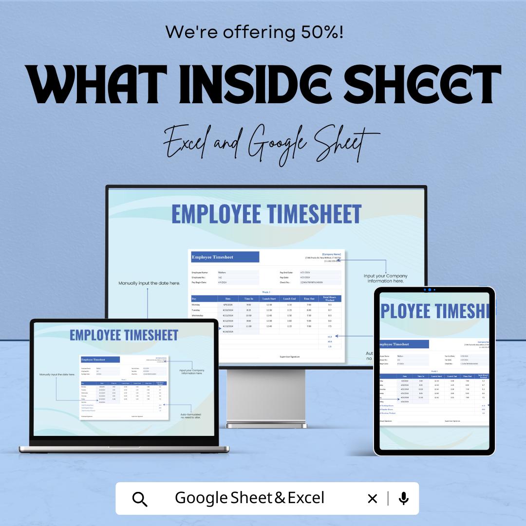 Employee Timesheet Template - Excel & Google Sheets, Track Work Hours, Attendance, Overtime Calculation, HR Management