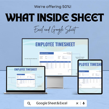 Employee Timesheet Template - Excel & Google Sheets, Track Work Hours, Attendance, Overtime Calculation, HR Management
