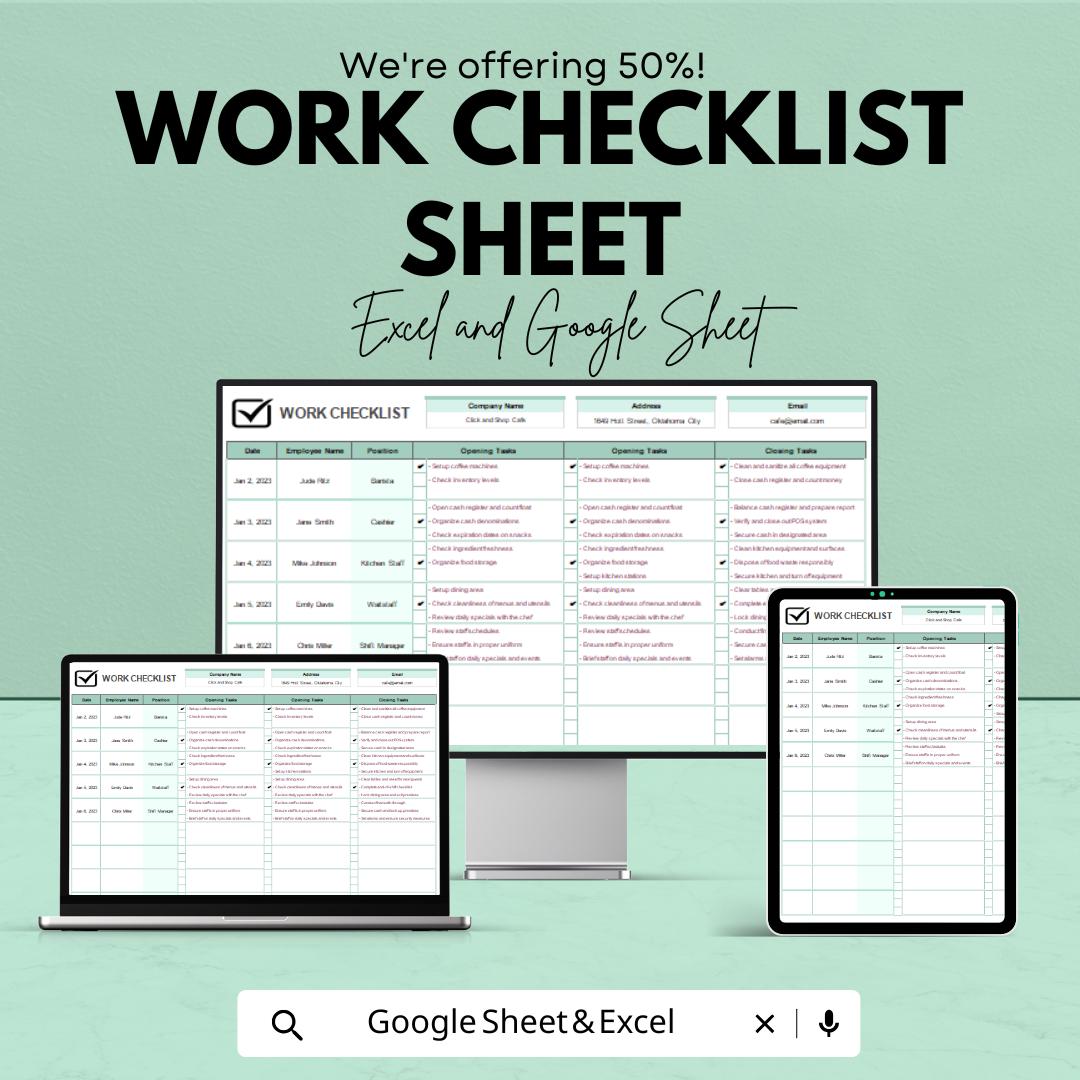Work Checklist Template | Daily Task Sheet for Employees | Excel & Google Sheets | Job Tracker | Task Planner | Business Operations Log