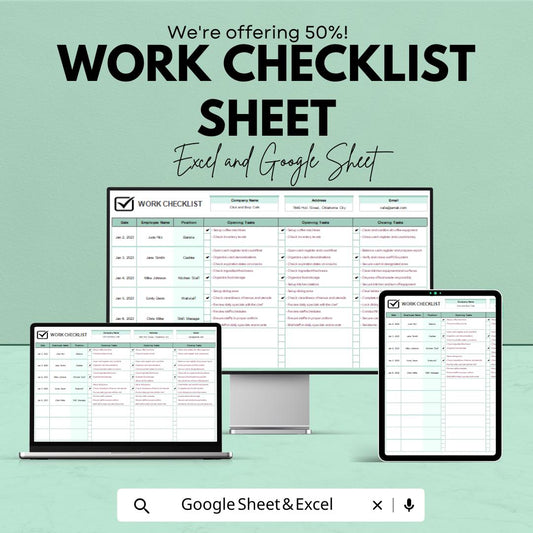 Work Checklist Template | Daily Task Sheet for Employees | Excel & Google Sheets | Job Tracker | Task Planner | Business Operations Log