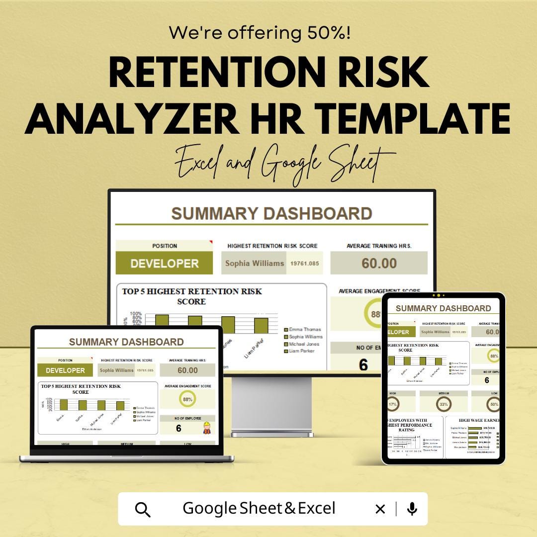 Retention Risk Analyzer HR Template | Employee Retention Dashboard for Excel and Google Sheets | HR Analytics & Risk Assessment Tool