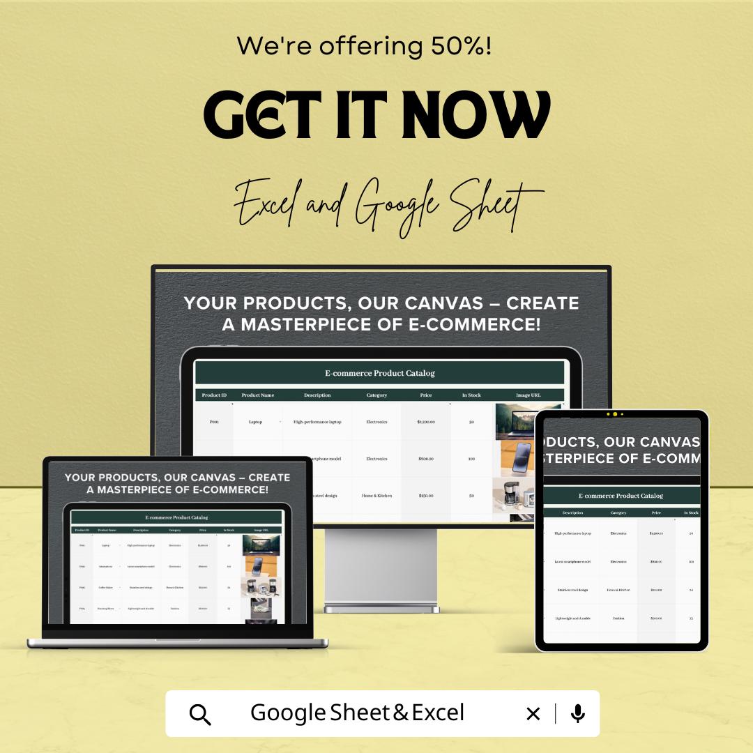 E-commerce Product Catalog Template | Product Inventory Sheet | Online Store Catalog | Excel & Google Sheets