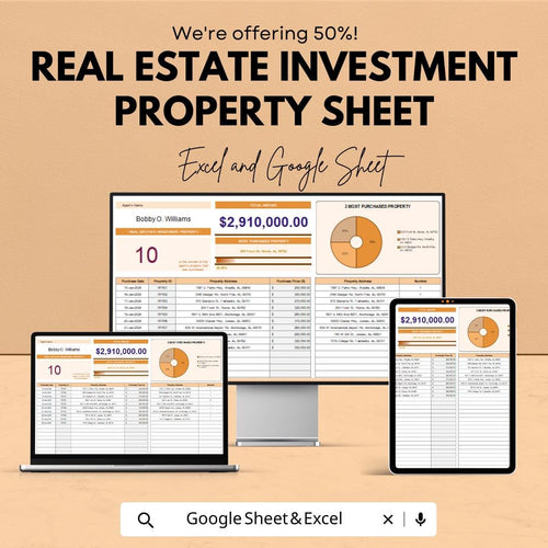 Real Estate Investment Property Sheet – Excel and Google Sheet Template – Property Management, Financial Analysis & Expense Tracking –