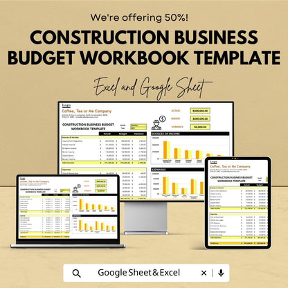 Construction Business Budget Workbook, Contractor Budget Template, Project Income Expense Tracker, Excel Google Sheets Budget