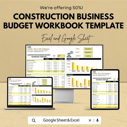 Construction Business Budget Workbook, Contractor Budget Template, Project Income Expense Tracker, Excel Google Sheets Budget