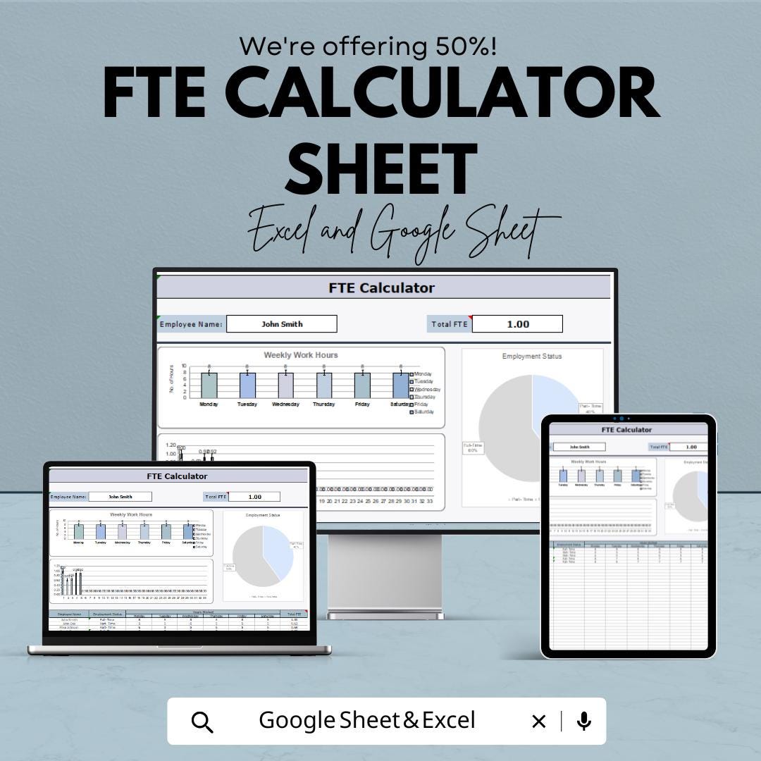 FTE Calculator Sheet – Excel and Google Sheets Template for Workforce Planning & Resource Allocation – 50% Off