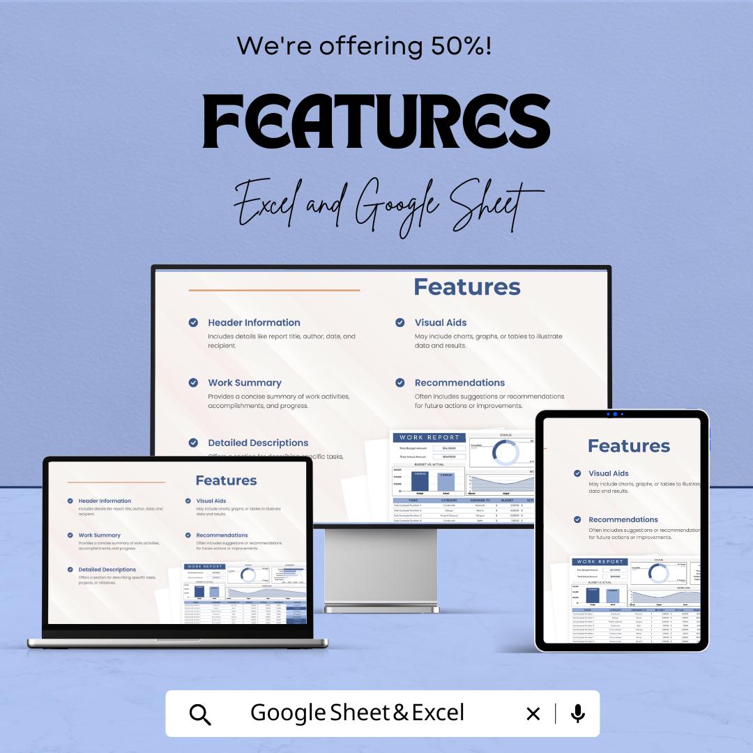 Work Report Template | Project Progress Tracker | Task Management Dashboard | Business Report Sheet | Employee Performance Tracker