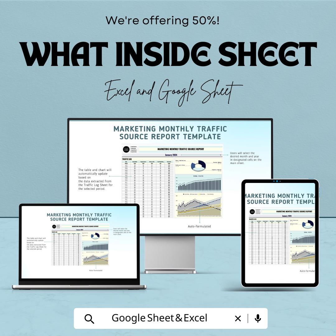 Marketing Monthly Traffic Source Report Sheet | Website Traffic Analysis & Source Tracking | Traffic Data Template | Marketing Metrics