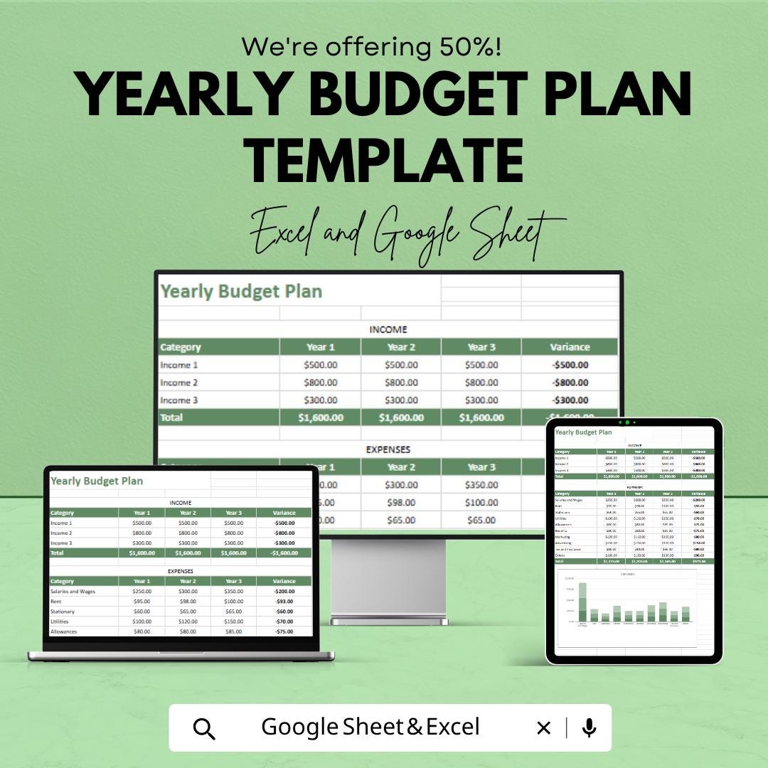 Yearly Budget Plan Template | Annual Budget Spreadsheet | Personal Finance Tracker | Excel & Google Sheets | Yearly Expense Planner