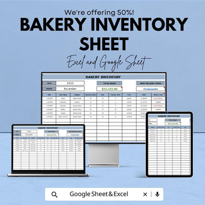 Bakery Inventory Sheet | Excel and Google Sheets | Track Sales, Stock & Best-Selling Items | Bakery Management Template