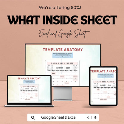 Daily Goal Planner Sheet - Google Sheet Template | Achieve Your Goals with Ease | Personal & Professional Planning Tool | 2024 Calendar