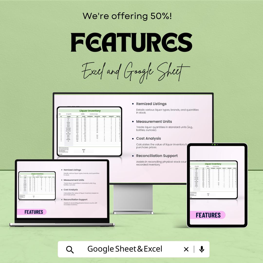 Liquor Inventory Template Excel & Google Sheets | Bar Inventory Spreadsheet | Alcohol Stock Tracker | Liquor Stock Management Log