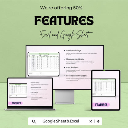 Liquor Inventory Template Excel & Google Sheets | Bar Inventory Spreadsheet | Alcohol Stock Tracker | Liquor Stock Management Log