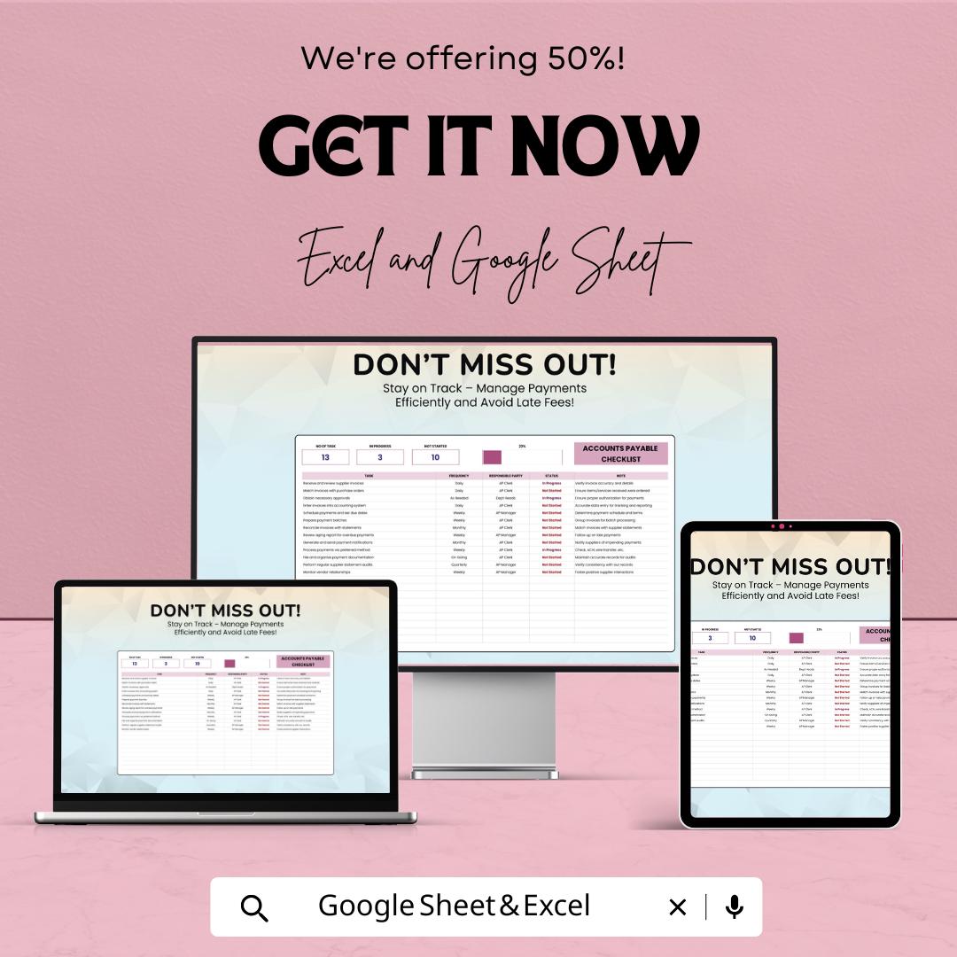 Accounts Payable Checklist Template | AP Task Management Spreadsheet | Payment Tracking Checklist | Excel & Google Sheets