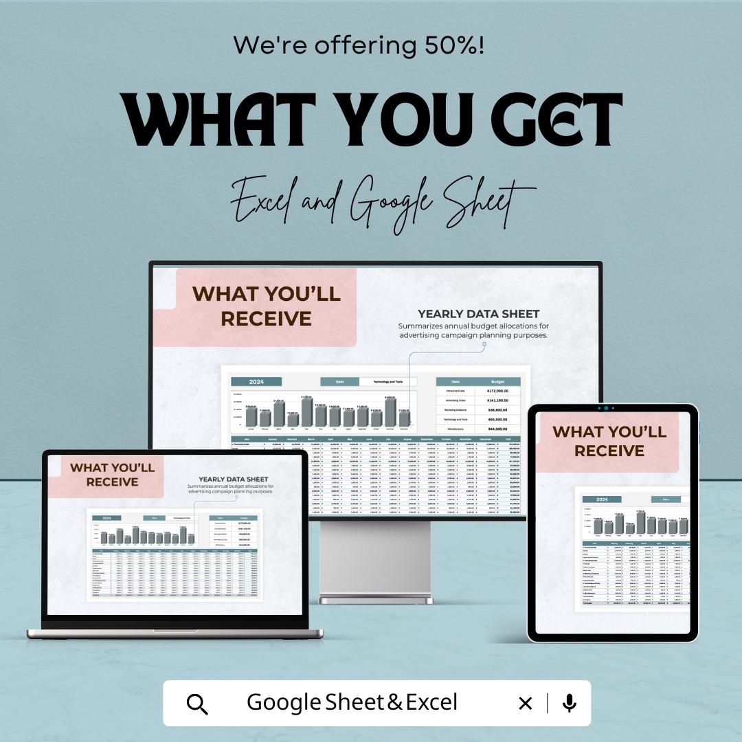 Advertising Budget Proposal Worksheet | Excel and Google Sheets Template | Budget Planner for Marketing & Advertising Campaigns |